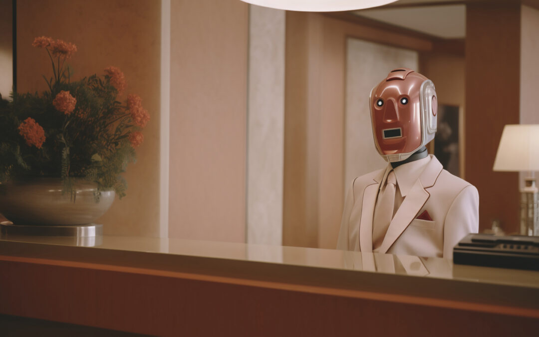 Conceptual illustration of AI-driven hotel management technology and digital voice assistant agents