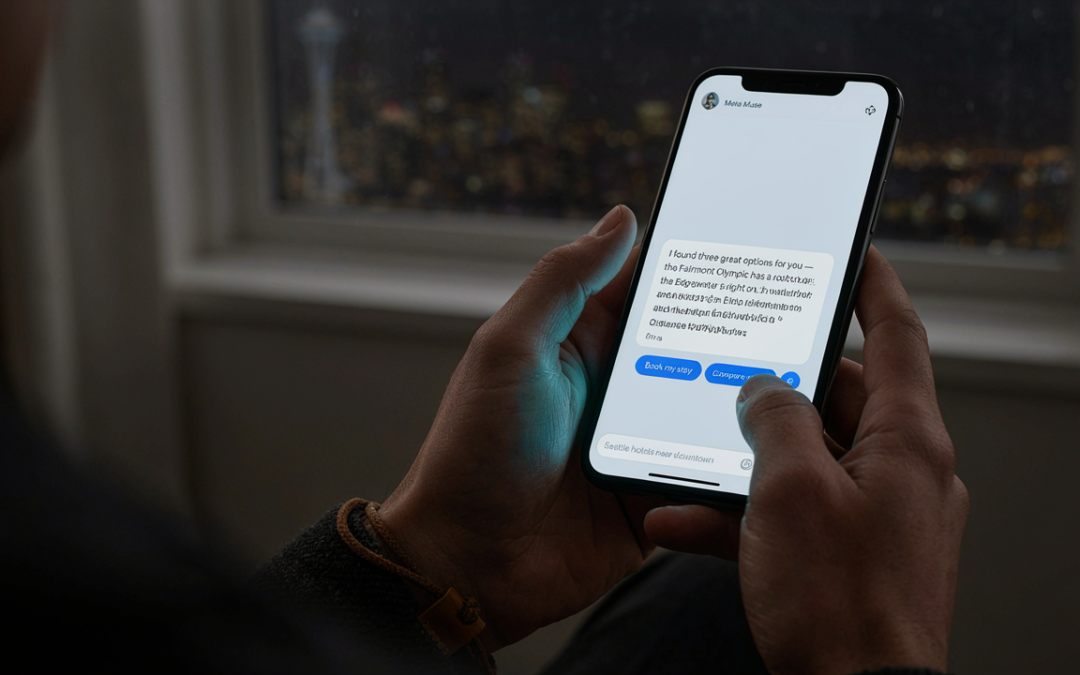 Traveler using Meta Muse AI agent on a smartphone to search and book hotel stays in Seattle
