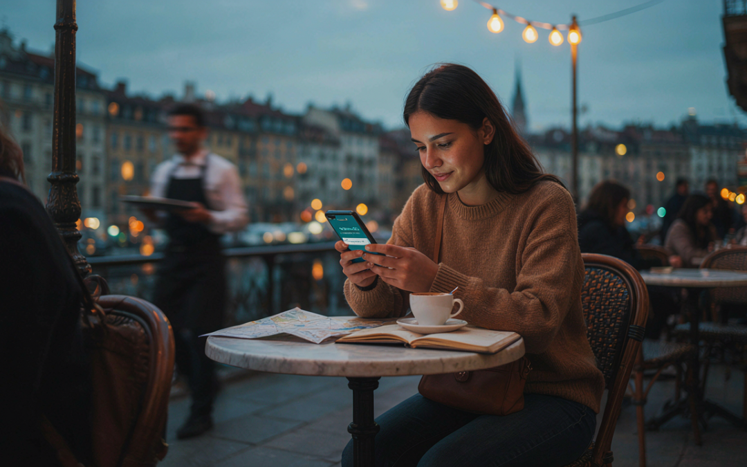 Traveler using smartphone conversational AI assistant for interactive hotel itinerary planning and booking