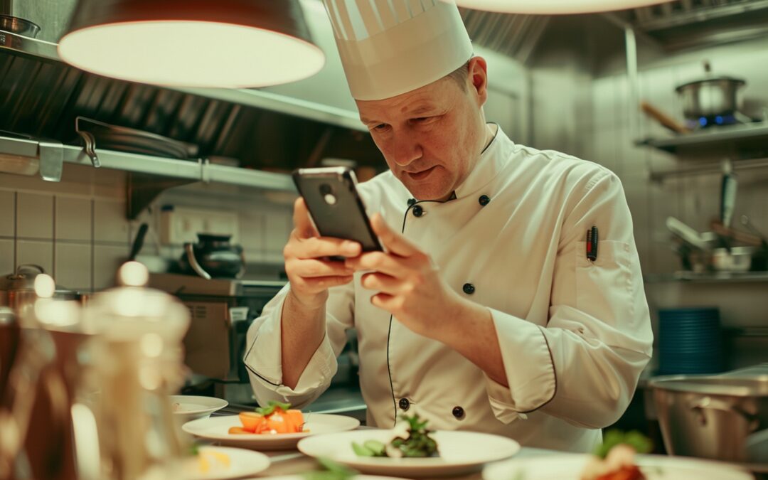 Commercial kitchen chef using a mobile device with AI analytics to forecast meal preparation and prevent food waste