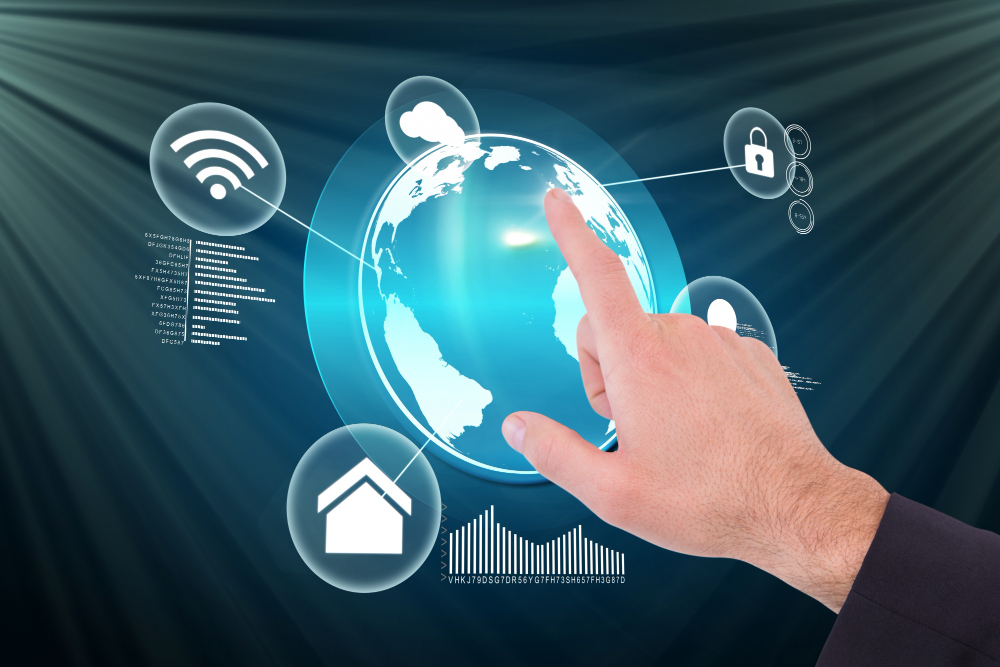 Conceptual digital illustration representing global hotel distribution, API channel manager connectivity, and B2B travel technology network