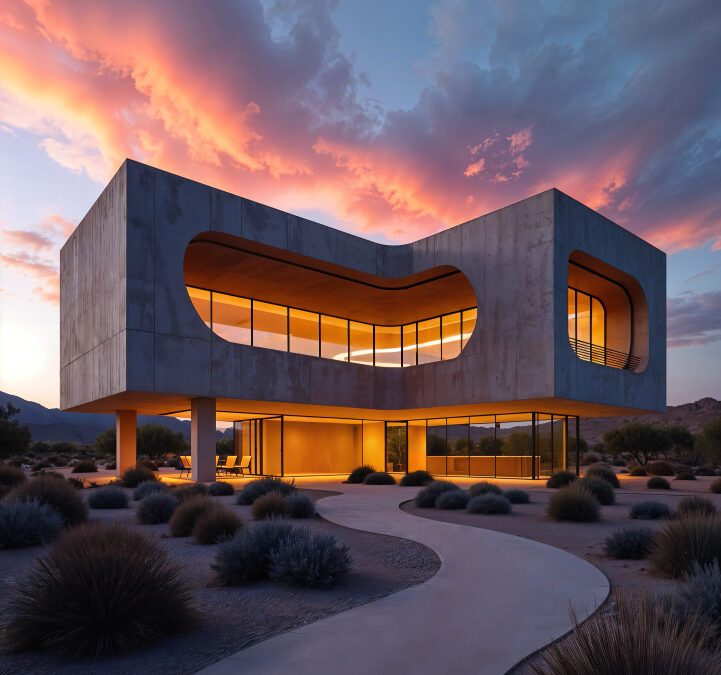 Architectural exterior view of a contemporary luxury airport hotel complex surrounded by landscaped drives at sunset