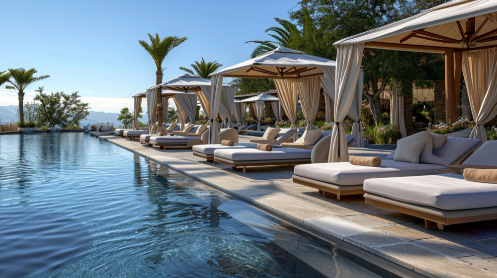 Oceanfront luxury resort setting featuring landscaped grounds, outdoor pool, and coastal architectural design