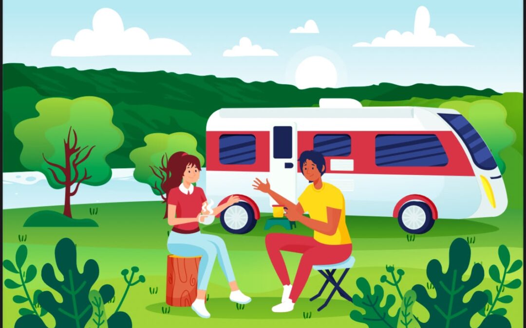 Digital vector illustration showing a motorhome parked at an outdoor farm campsite representing RV subscription travel