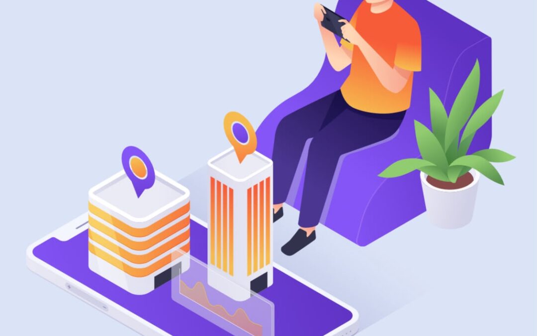 Conceptual digital illustration of a mobile hotel direct booking platform, global connectivity, and cloud software integration