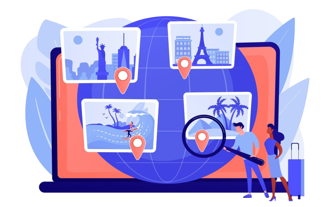 Conceptual digital illustration representing global hotel distribution, travel technology API connectivity, and B2B booking channels